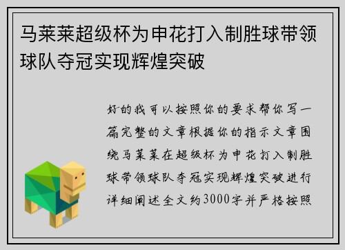马莱莱超级杯为申花打入制胜球带领球队夺冠实现辉煌突破
